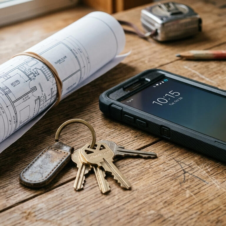 Rugged smartphone displaying the time on a wooden table next to rolled blueprints and house keys